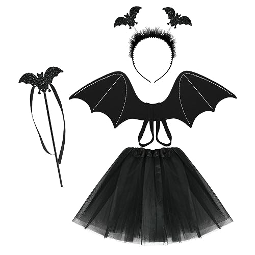 Dereine Fledermaus Kostüm Kinder für Mädchen, Fledermaus Kostüm Set mit Haarreif + Tutu Rock + Flügel & Zauberstab,Schwarz, für Halloween Karneval Cosplay Party von Dereine