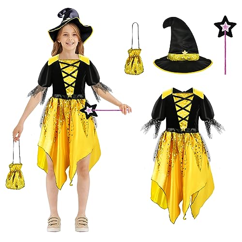 Dereine Hexenkostüm Kinder Mädchen, Kinder Halloween Kostüm Mädchen,Halloween Hexenkostüm Kinder mit Halloween Tüten, Hexenhut,Zauberstab, für Halloween Karneval Cosplay Party (130CM) von Dereine