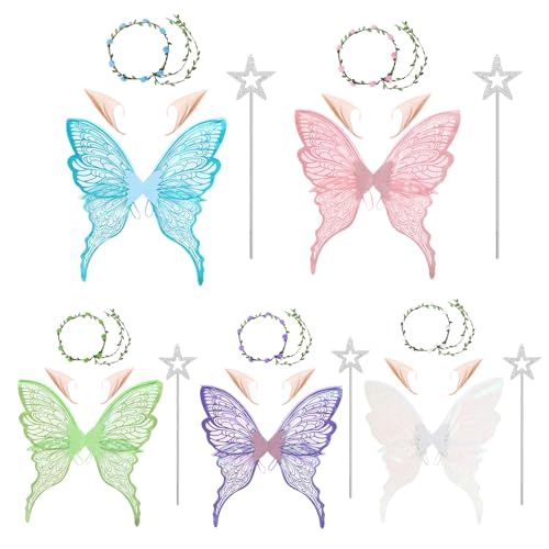 Derwrtup 5 Set Feenflügel Kostüm - Fee Stirnband Und Sterne Feenstäbe - Schmetterlingsflügel Mit Elfenöhren - Prinzessinnenflügel - Flügel Kostüm Für Fasching OderFeen-Mottopartys von Derwrtup