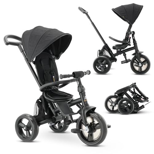 Deryan Explorer Dreirad ab 9 Monate bis 25 kg - Kinderdreirad mit schubstange - Kompakte zusammenklappen - drehbarer Sitz - ausklappbarem Verdeck mit Sonnenschutz - Schwarz von Deryan