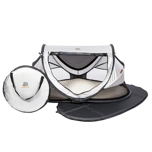 Deryan Kleinkind Reisebett mit Matratze ab Geburt bis 4,5 Jahre - Pop Up Kleinkindbett Babyzelt in 2 Sekunden aufgestellt - inkl. Moskitonetz & Reisetasche - 136x84x62cm (Silber) von Deryan