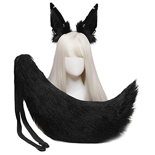 Haarreif mit Fuchs Ohren und haarigen Wolfschwanz und Wolf Kawaii Lolita Haar Halloween Party Dekoration (schwarz 2) von Desconocido