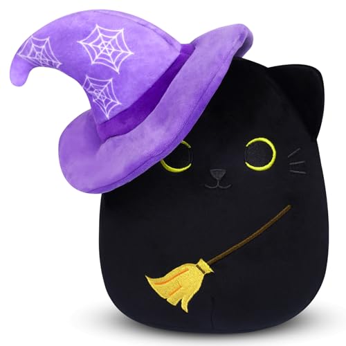 Desdfcer Halloween-Kuscheltier schwarze Katze, 23 cm Plüschtier Katze mit Hexenhut & Besen, Halloween-Dekoration, Stofftier-Geschenke für Kinder, Mädchen, Jungen von Desdfcer
