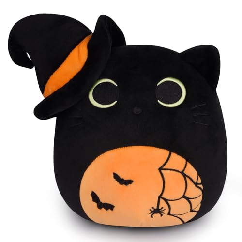Desdfcer Halloween Schwarze Katze Plüschtier, 20 cm Halloween Kuscheltier mit Hexenhut & Spinnennetz, Kleines Kuscheltier für Kinder Geschenke von Desdfcer
