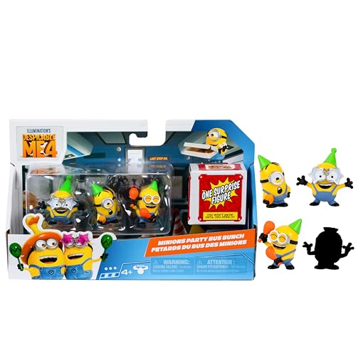 Ich – Einfach unverbesserlich 4, Packung mit 4 Minion-Figuren. Minions Partybus-Truppe. 5,8 cm große Sammelfiguren. Packung enthält 3 sichtbare Figuren plus 1 versteckte Überraschungsfigur von Despicable Me