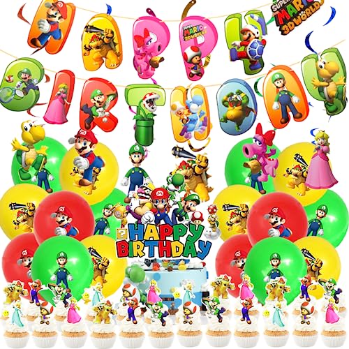 42 Stück Mario Geburtstag Deko, Mario Geburtstag Dekoration,Mario Birthday Party Supplies Enthält Mario Geburtstagsbanner, Cake Topper, Cupcake Toppers, Mario Balloons, Hängen Wirbel Deko von Detontek