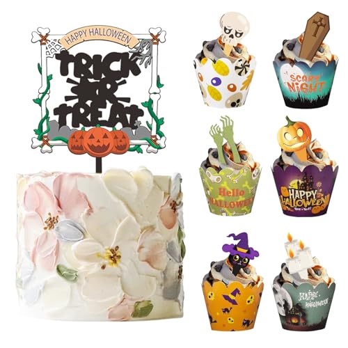 49 Stück Halloween Cake Dekorationen - Cupcake Topper, Deko, 1 Große Kuchendekoration + 24 Cupcake Wrappers + 24 Muffin Deko für Mottopartys 49 Stück Halloween Cake Dekorationen - Cupcake Topper, Deko, 1 Große Kuchendekoration + 24 Cupcake Wrappers + 24 Muffin Deko für Mottopartys von Detontek