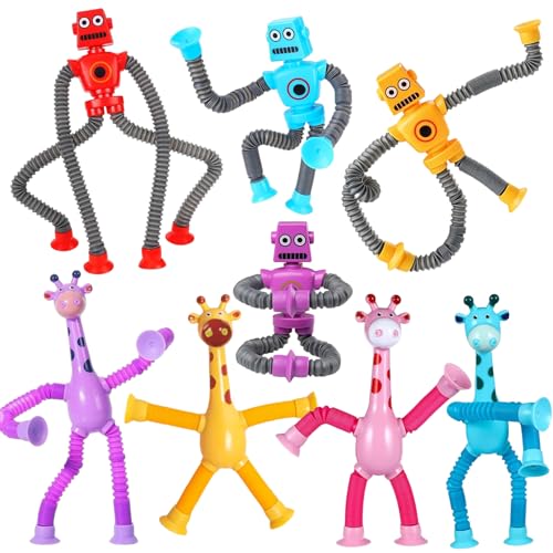 8 Stück Roboter Pop Tubes, Telescopic Suction Cup Giraffe Toy, Fidget Toys Kinder, Sensorische Stretch Röhren, Saugnapf Spielzeug, Lustiges Stressabbau-Spielzeug Für Kinder Und Erwachsene von Detontek