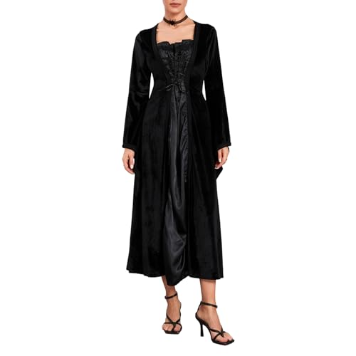 DeuYeng Damen-Halloween-Kostüm, Renaissance-Gothic-Faire-Kleid, langärmelig, mittelalterliches Retro-Kleid, Mottoparty-Kleider (Black, XXXL) von DeuYeng