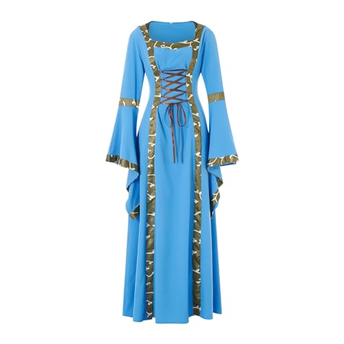 DeuYeng Damen-Halloween-Kostüm, Renaissance-Gothic-Faire-Kleid, langärmelig, mittelalterliches Retro-Kleid, Mottoparty-Kleider (Peacock Blue, L) von DeuYeng