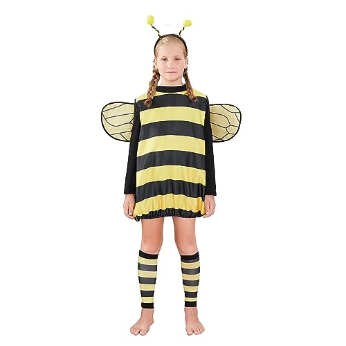 DeuYeng Frauen Kinder Mädchen Cosplay Kostüm Set Halloween Biene Kleid mit Flügeln Stirnband Bein Ärmel für Rollenspiel Zubehör (Children, 12-14 Years) von DeuYeng