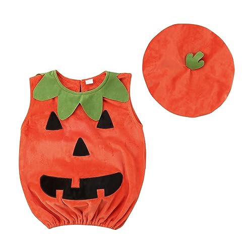 DeuYeng Halloween Babykostüm Baby Kürbis Kostüm für Neugeborene Cosplay-Kostüm, Kleidung, Kürbis-Aufdruck, Top + Hut + Schuhe (2PC Set, 2-3 Years) von DeuYeng