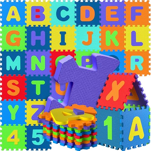 Spielwerk® 86-teilige Puzzlematte Baby Kinder 3,3m² Spielmatte Bodenschutzmatte Krabbelmatte Buchstaben Zahlen ABC Lernteppich XXL Schaumstoff Bunt von Spielwerk