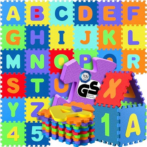 Spielwerk® 86-teilige Puzzlematte Baby Kinder 3,3m² Spielmatte Bodenschutzmatte Krabbelmatte Buchstaben Zahlen ABC Lernteppich XXL Schaumstoff Bunt von Spielwerk