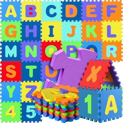 Spielwerk® 86-teilige Puzzlematte Baby Kinder 3,3m² Spielmatte Bodenschutzmatte Krabbelmatte Buchstaben Zahlen ABC Lernteppich XXL Schaumstoff Bunt von Spielwerk