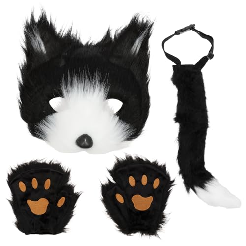 3-Teiliges Set Fuchs Maske,Simulation Fuchs Maske Handschuhe Plüsch Schwanz Tier Schwanz Requisiten Zubehör,Hergestellt aus Polyester und PP,für Halloween Weihnachten Karneval Party Verkleiden für Kin von Deuson