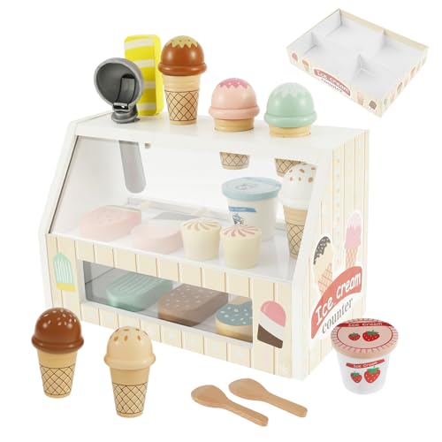 Eisdiele Kinder Holz,Eiscreme Spielzeug,Sicheres,Interessantes,Niedliches Holzspielzeug Spielküche Zubehör,EIS Holzspielzeug für Kind Mädchen Jungen 3 4 5 Jahren (Weiß) von Deuson