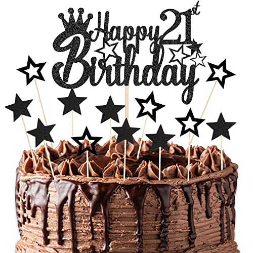 16 Stück Geburtstag Cupcake Topper, Glitter"Happy 21th Birthday" Kuchen Topper Sterne Schwarzes Cake Topper Tortenaufsätze Party Kuchen Tortendekorationen für 21 Geburstagstorte Deko Jungen Mädchen von Devenirriche