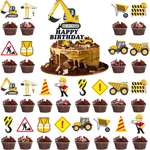 25 Stück Straßenschild Baufahrzeug Cupcake Topper, Auto Bagger Kuchendekoration Bagger Muffin Kuchen Dekoration Kinder Geburtstag Party Kuchen Topper von Devenirriche