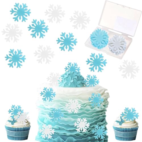 Essbare Schneeflocken, 50 Stück Blau Weiß Snowflake Cake Decoration Essbare Tortendeko Geburtstag Party Kuchen Dekorationen Zubehör für Torten Essbar, Snowflake Cupcake Toppers von Devenirriche