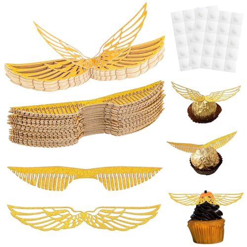 Gold Glitter Flügel Cupcake Deko, 50 Stück Geburtstags Deko, Schokolade Gold Glänzend Flügel Kuchen Dekoration für Bonbons Geburtstag Party Cupcakes Deko von Devenirriche