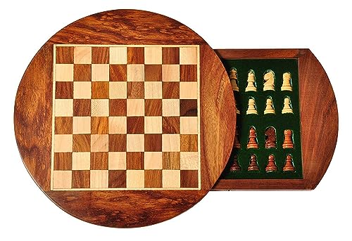 Devyom 22,9 cm rundes magnetisches Reiseschach-Set aus Holz mit Schubladen und Staunton-Stücken. von Devyom