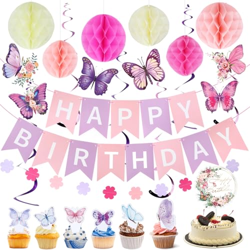 Lila Schmetterling Deko Geburtstag mit Happy Birthday Banner, Geburtstagsdeko Mädchen mit Bienenstock Kugeln und Kartendekorationen für Torten Einlegen, Geburtstag Deko für Mädchen, Kinder, Frauen Lila Schmetterling Deko Geburtstag mit Happy Birthday Banner, Geburtstagsdeko Mädchen mit Bienenstock Kugeln und Kartendekorationen für Torten Einlegen, Geburtstag Deko für Mädchen, Kinder, Frauen von Dewdropdale
