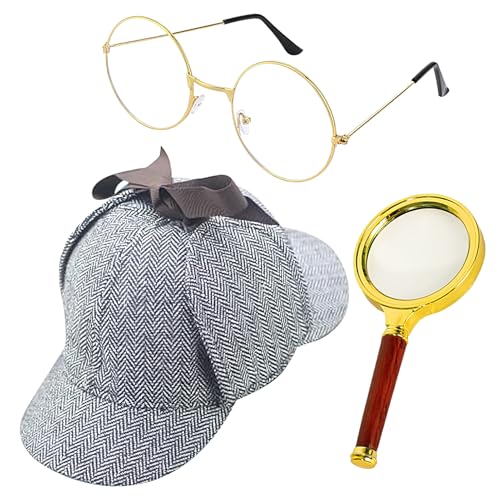 Dewireaey Detektiv Kostümzubehör Set, Detektiv Cosplay Zubehör, Cosplay Kostüm Accessoires, Hut Brille Lupe für Damen Herren Mädchen Halloween Party Bühnenauftritt von Dewireaey