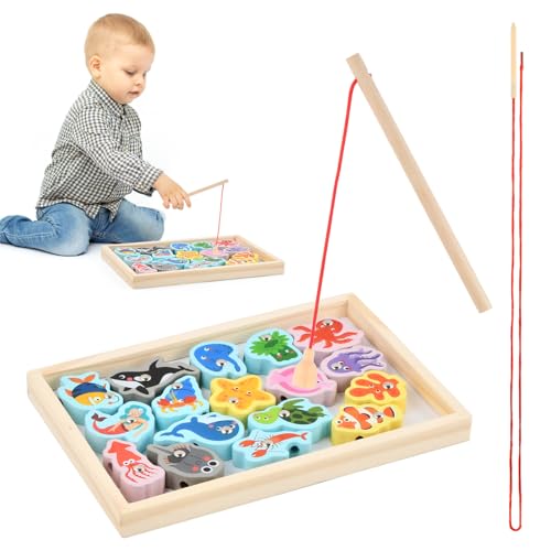 Dewocke Angelspiel, Montessori Magnetisches Holzspielzeug ab 2 Jahre, Motorikspielzeug Fische Angeln Lernen Feinmotorik, Farbzuordnungs-Puzzle und Perlenkette, Lernspielzeug Geschenk für Kinder von Dewocke