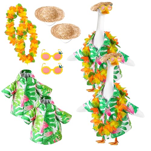Interesting Back to School Porch Goose Costume, Hawaiian Porch Goose Outfits, Yard Gänse Clothes Hawaiian Wreath with Straw Hat Glasses, Outdoor Terrace Courtyard Lawn Art Decoration (B-2pcs) von Dewppxi