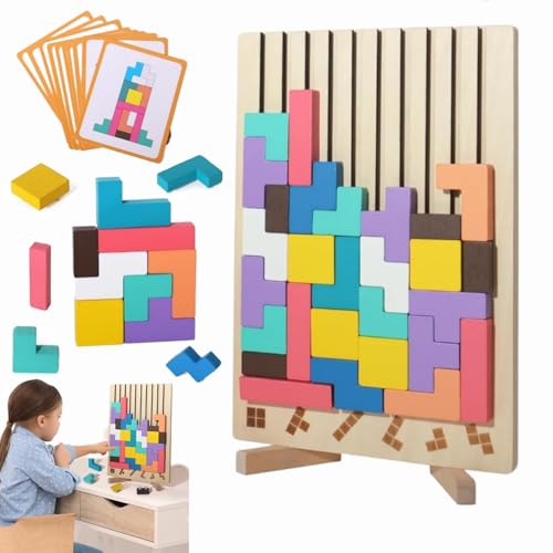 Tetris-Spiel aus Holz, Wooden Stacking Puzzle Toy, Holz Stapelpuzzle Spielzeug, 3D Geometrisches Bauspielzeug, Tetris Spiel Puzzle Set mit 10 Karten für Erwachsene und Kinder (1 Set) von Dewppxi