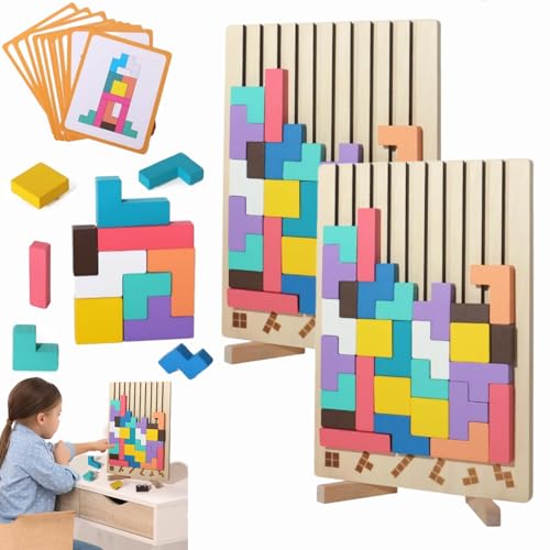 Tetris-Spiel aus Holz, Wooden Stacking Puzzle Toy, Holz Stapelpuzzle Spielzeug, 3D Geometrisches Bauspielzeug, Tetris Spiel Puzzle Set mit 10 Karten für Erwachsene und Kinder (2 Set) von Dewppxi