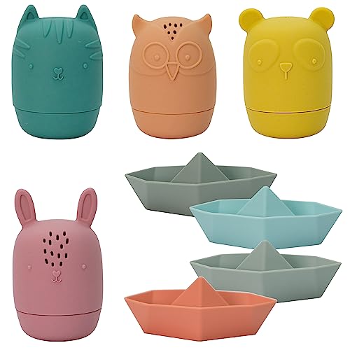 Dhnvcud 8 Stück Spritztiere Badewannenspielzeug mit Boote ab 1 2 3 4 Jahr, Silikon Badespielzeug Baby, Schimmelfreies Wasserspielzeug Kinder, Wasserspielzeug Baby ab 6 Monate, Spielzeug Badewanne von Dhnvcud