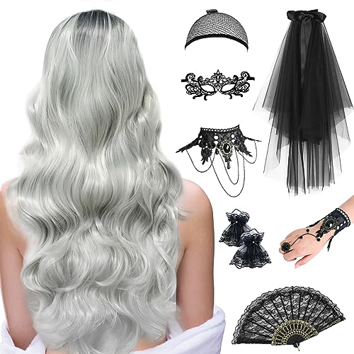 Halloween Perücke Damen Grau, 68cm Grau Lange Gewellte Locken, Graue Perücke Damen mit Gotisch Halskette Armbänder Schleier, Handfächer, Manschetten, Maske für Halloween Karneval, Fasching, Mottoparty Halloween Perücke Damen Grau, 68cm Grau Lange Gewellte Locken, Graue Perücke Damen mit Gotisch Halskette Armbänder Schleier, Handfächer, Manschetten, Maske für Halloween Karneval, Fasching, Mottoparty von Dhnvcud