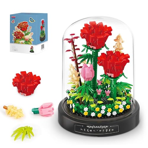 Dhqkqg Blumenstrauß Bausteine Set, Blumen Bausteine Bausatz, Blumen Klemmbausteine mit Staubdichter Kuppel und Sockel, Kunstpflanzen Bausteines für Erwachsene, für Mädchen Jahren und Erwachsene von Dhqkqg