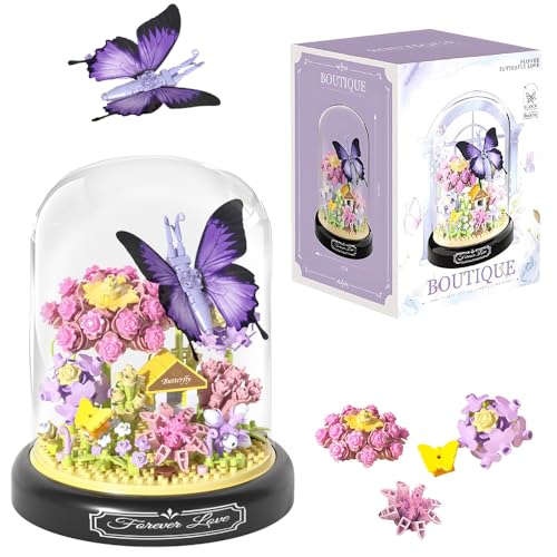Dhqkqg Blumenstrauß Bausteine Set, Blumen Insekten Klemmbausteine, Kunstpflanzen Bausteine für Erwachsene, Unsterblicher Blumenstrauß Baustein mit Schutzhülle, Geschenk für Mama Freundin (Lila) von Dhqkqg