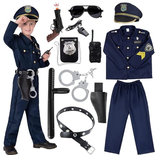 Dhqkqg Polizei Kostüm Kinder, Polizei Kostüm für Kinder mit Polizei Ausrüstung Polizei Hemd Hosen Polizeimütze Handschellen Polizeiabzeichen Gürtel Sonnenbrille Walkie Talkie, für Karneval Cosplay von Dhqkqg