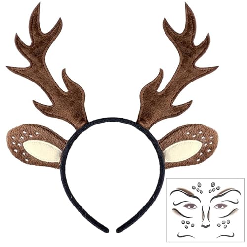 Dhqkqg Reh Haarreif Damen Kinder, Geweih Haarreif Fasching Damen + 2 Glitzer Reh Gesichtstattoo Karneval, Haarschmuck Weihnachten für Cosplay Karneval Party von Dhqkqg