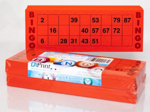 200 große Bingokarten für Senioren 15 aus 90 Zahlen (rot) von DiPrint
