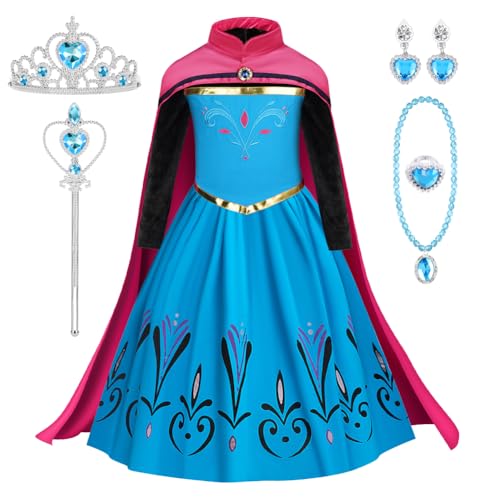 DiULi Anna kostüm Mädchen, Prinzessin Anna Kleid Kostüm mit Cape, Prinzessin Kostüm Mädchen Elsa Kleid für Halloween Karneval Weihnachten Party Verkleidung Prinzessinnenkleid, 110cm von DiULi