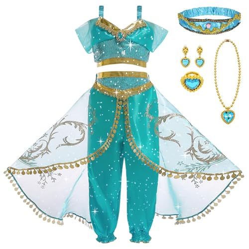 DiULi Jasmin Verkleidung für Mädchen, Prinzessin Jasmin Kostüm Kinder mit Zubehör, Aladin Kostüm Kinder Dress Up Kostüm für Cosplay Weihnachten Halloween Geburtstagsfeier(130CM) von DiULi