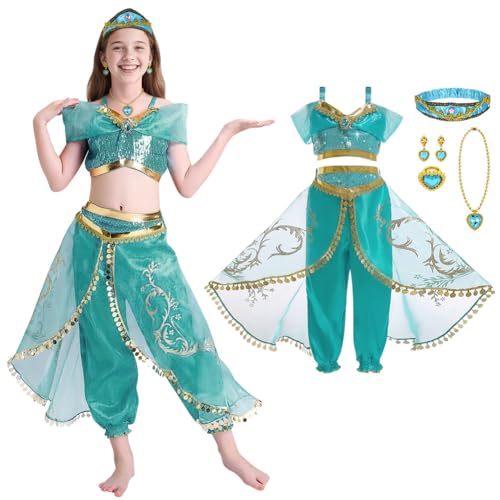 DiULi Jasmin Verkleidung für Mädchen, Prinzessin Jasmin Kostüm Kinder mit Zubehör, Aladin Kostüm Kinder Dress Up Kostüm für Cosplay Weihnachten Halloween Geburtstagsfeier(150CM) von DiULi