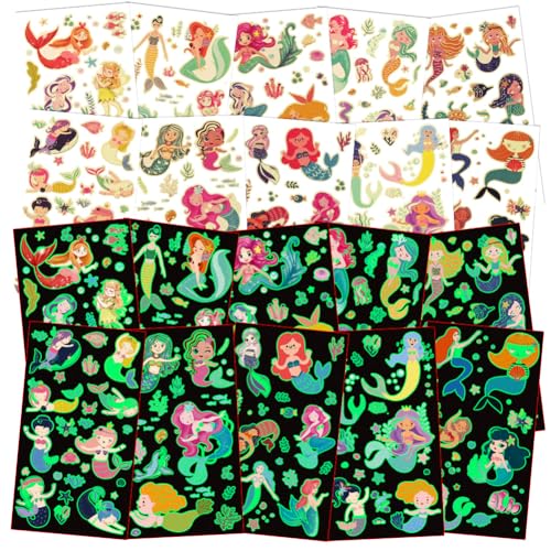DiULi Leucht Kindertattoos, 10 Blätter Tattoo Kinder Leuchte Meerjungfrau Tattoosmädchen, Sticker Set Kindergeburtstag Mitgebsel Festival Party Deko von DiULi
