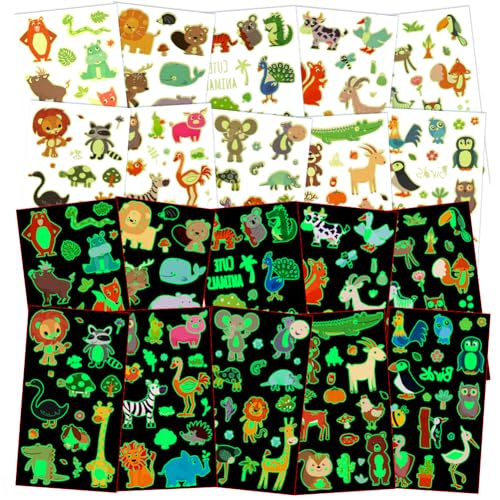 DiULi Leucht Tattoo Kinder Mädchen Jungen, 10 PCS Aufkleber Kindertattoos Aus Einschulung Geschenk, Leuchten Klebetattoos Set Mit Dinosaurier, Löwe, Elefant, für Mitgebsel Kindergeburtstag von DiULi