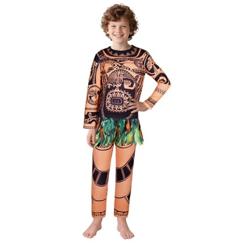 DiULi Maui Kostüm, Kostüm Kinder Maui Tattoo-T-Shirt und Hose, Kostüm Set für Ozean Karneval Halloween Kinderkostüm, Maori Verkleidung, A 110CM von DiULi
