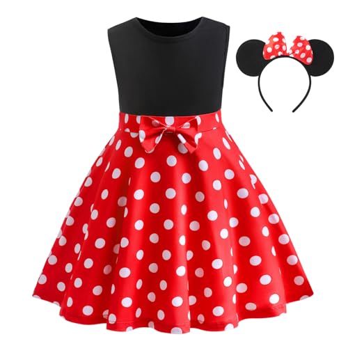 DiULi Mini Mouse Kostüm Mädchen, Minimaus Kostüme mit Ohren Haarreif, ärmellos Polka Dot Geburtstag Kleid Kinder für Halloween Karneval Weihnachten Cosplay Party, Rot, 130cm von DiULi