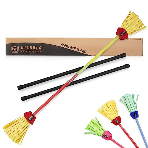 Diabolo Freizeitsport Flowerstick Pro (gelb-rot) - Flowerstick aus Fiberglas inkl. 2 Handstäben, UV reaktiv, handbemalt, Festival-Hingucker, ideal für Fortgeschrittene und Profis von Diabolo Freizeitsport