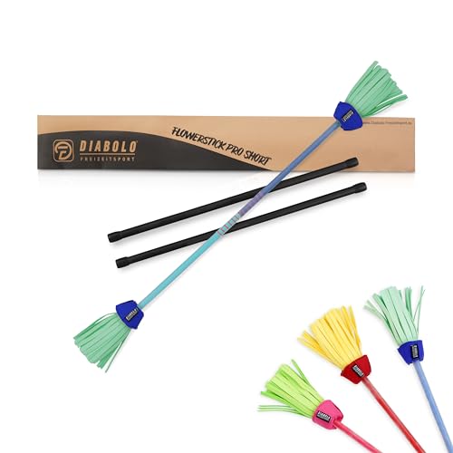 Diabolo Freizeitsport Flowerstick Pro Short (blau-türkis) - kurzer Flowerstick aus Fiberglas mit 2 Handstäben, UV reaktiv, handbemalt, für Festivals von Diabolo Freizeitsport