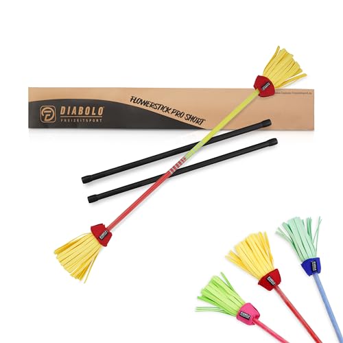 Diabolo Freizeitsport Flowerstick Pro Short (gelb-rot) - kurzer Flowerstick aus Fiberglas inkl. 2 Handstäben, UV reaktiv, handbemalt, Festival-Hingucker, ideal für Fortgeschrittene & Profis von Diabolo Freizeitsport