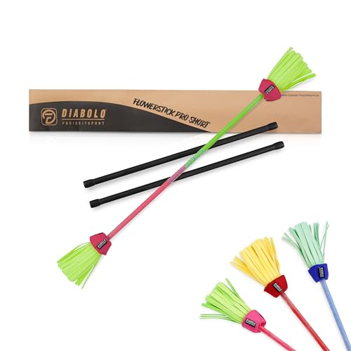 Diabolo Freizeitsport Flowerstick Pro Short (grün-pink) - kurzer Flowerstick aus Fiberglas inkl. 2 Handstäben, UV reaktiv, handbemalt, Festival-Hingucker, ideal für Fortgeschrittene & Profis von Diabolo Freizeitsport